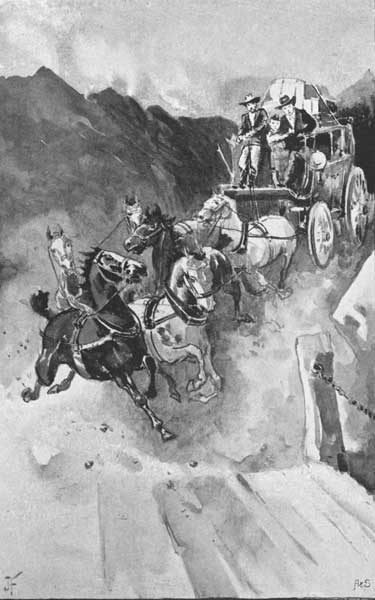 "Davis put forth all his strength to control the horses, now flying over the road at a wild gallop." Page 36.