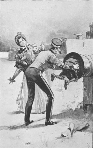 "Fortunately, a big soldier came along, and, slipping both hands as far up on Bert's body as he could reach, with a strong, steady pull drew him out of the cannon."—Page 119.