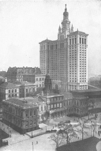 City Hall and Municipal Building, New York  The City Hall is in the foreground; the Municipal Building, containing additional office room for city officials, is the tallest building shown. City Hall and Municipal Building, New York  The City Hall is in the foreground; the Municipal Building, containing additional office room for city officials, is the tallest building shown.
