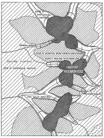 Fig. 36—Regional diagram for the Eastern Cordillera or Cordillera Vilcapampa. Note the crowded zones on the right (east and north) in contrast to the open succession on the left. In sheltered places woodland extends even higher than shown. At several points patches of it grow right under the snowline. Other patches grow on the floors of the glaciated valley troughs.