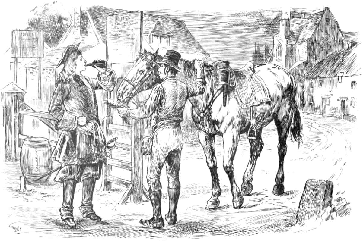 Two men stood beside a horse