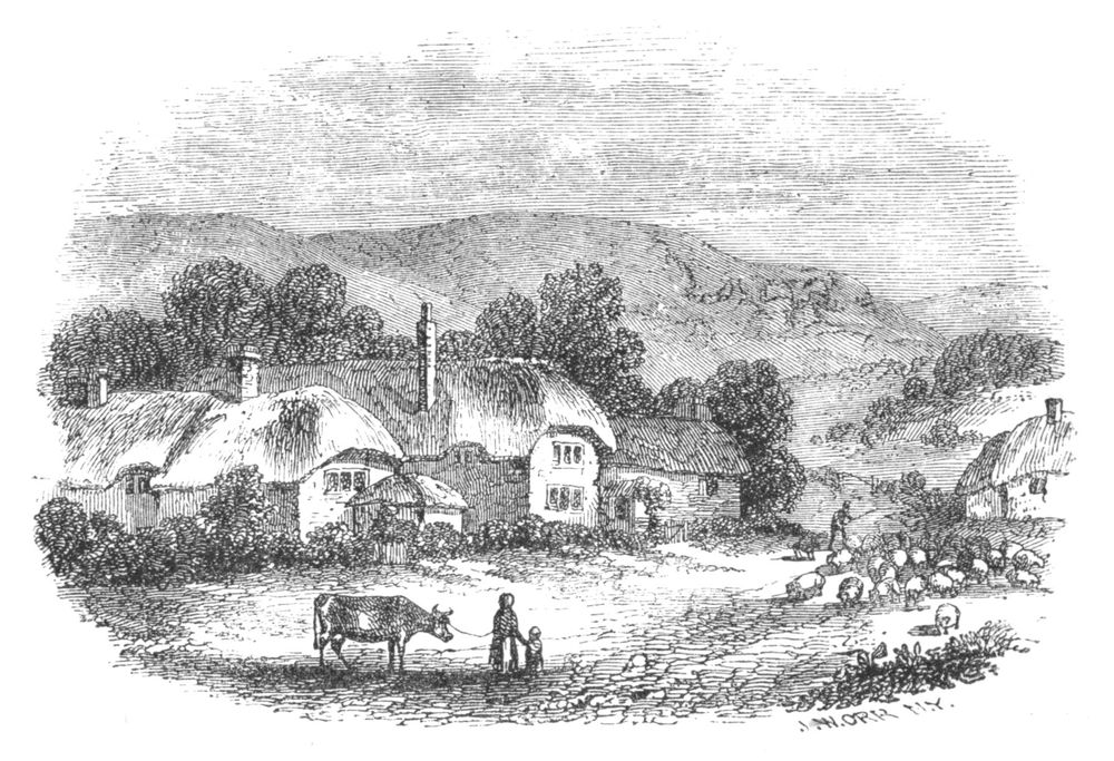 Farmyard with thatched cottages, in front of hills.