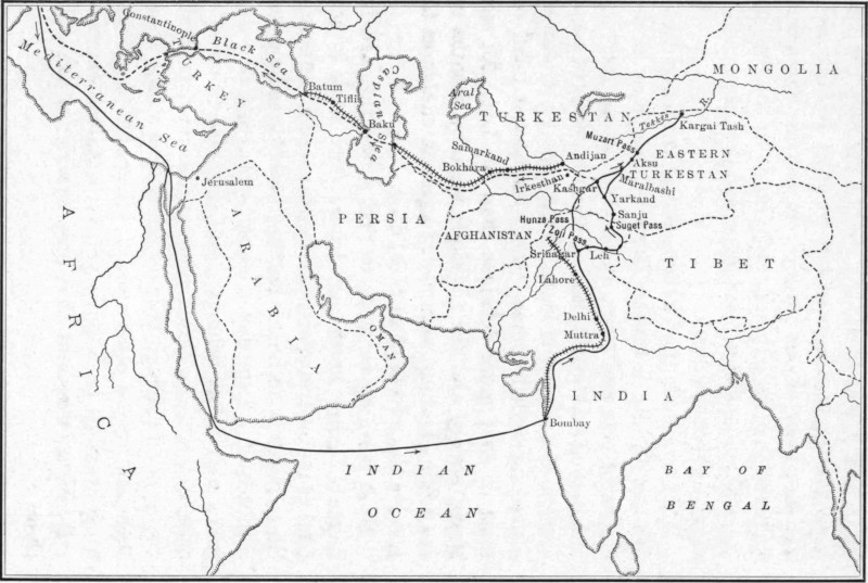 A map spanning west Africa to the Bay of Bengal, showing Turkestan and Mongolia at the top.