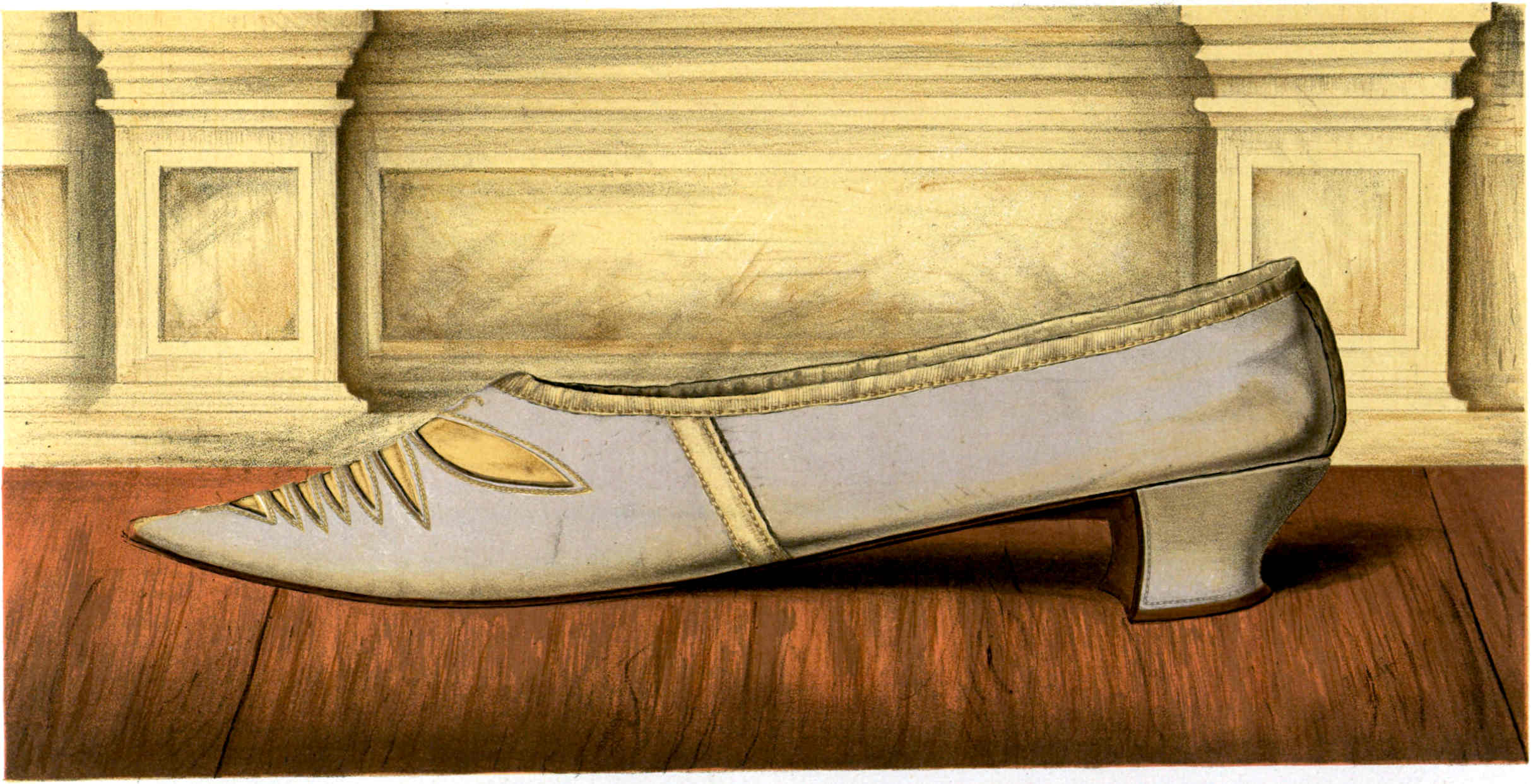 A light-colored low-heeled shoe with a pointed toe, decorated with a row of cut-out triangular shapes along the front.
