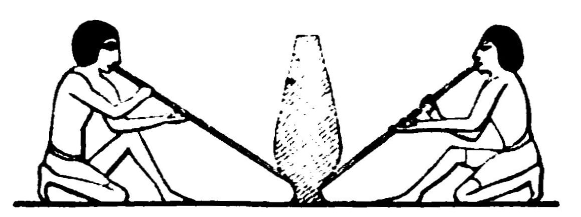 Egyptian painting of glassblowers blowing a large vessel.