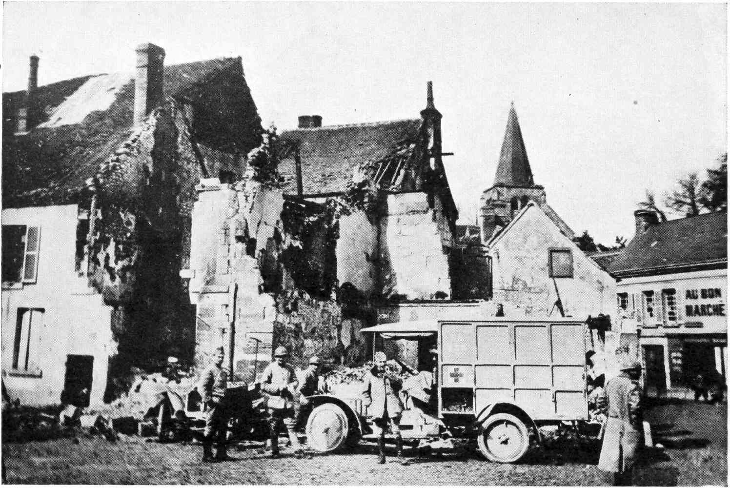 WHAT REMAINED OF A FRENCH FIELD HOSPITAL AFTER A GERMAN⏎INCENDIARY SHELL HIT IT.