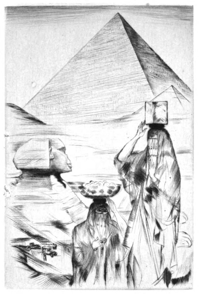 Femmes portant des charges sur la tête sur fond de Sphynx et de pyramides.