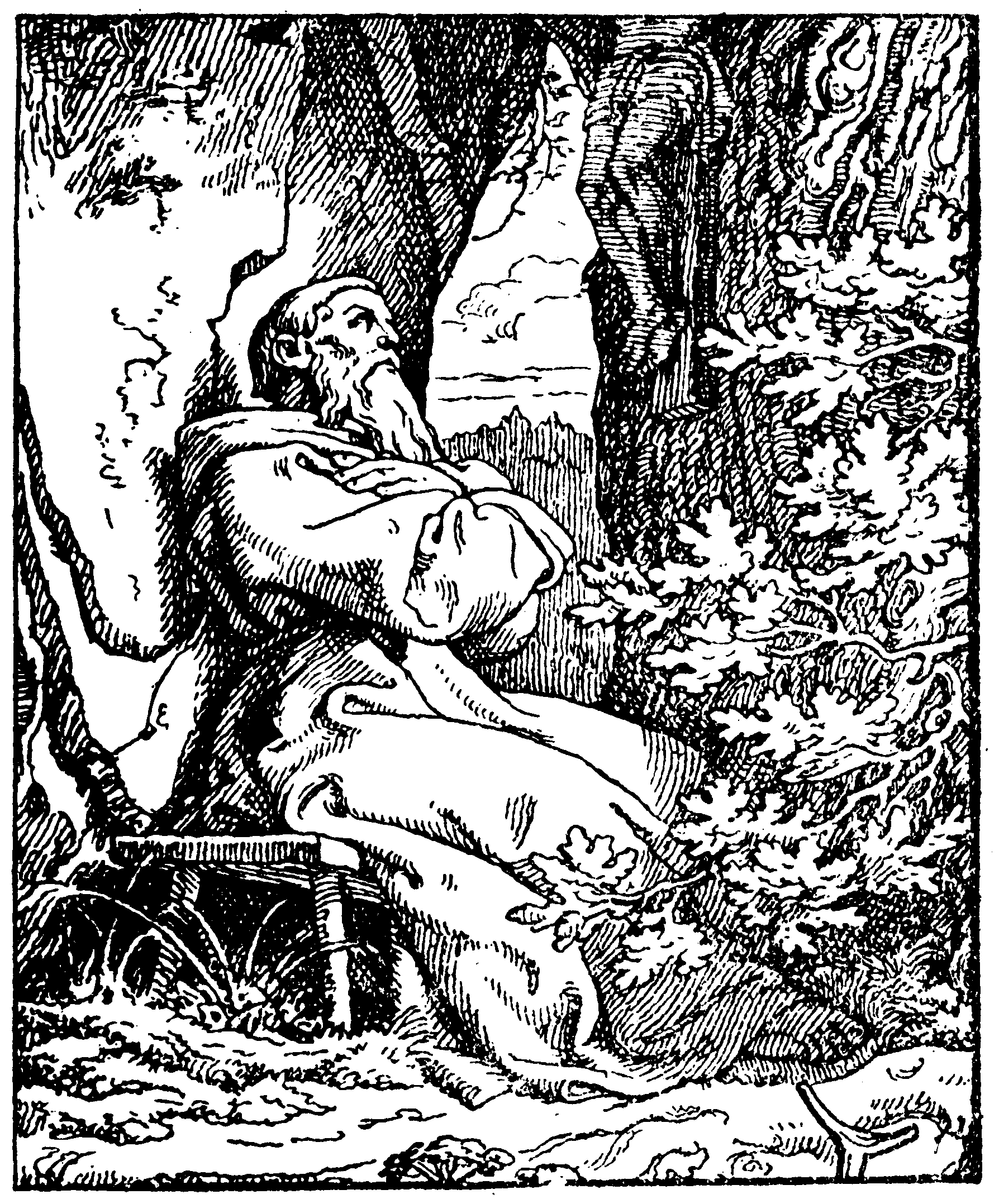 Der Klausner verharrt auf einer Bank zwischen                 Felsen und einem alten Baum