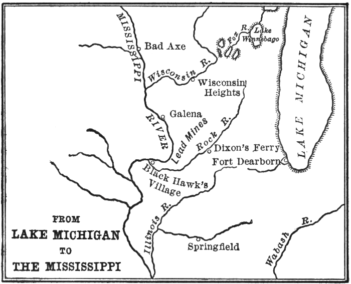 A map of the waterways connecting Lake Michigan to the Mississippi River.